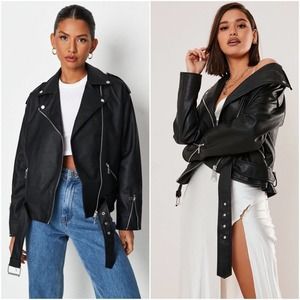 Missguided Faux Leather Oversized Biker Jacket Black